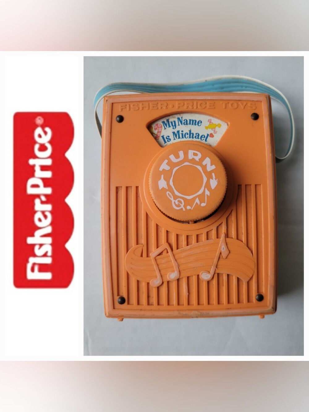 FISHER PRICE VINTAGE MUSIC BOX POCKET RADIO MY NAME IS MICHAEL #764 1974 ORANGE
